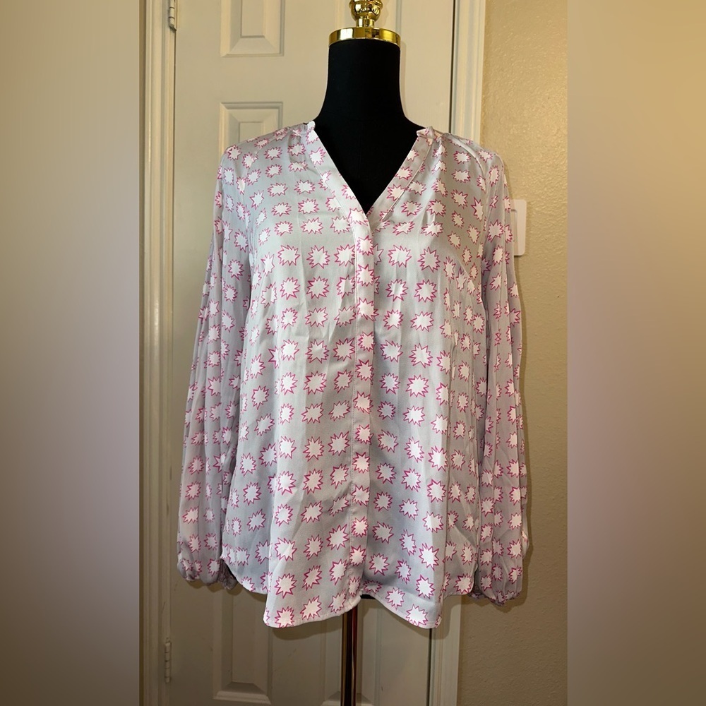 Boden Balloon Sleeve Top Size 4 Gray Pink Starburst Print Button Down Blouse